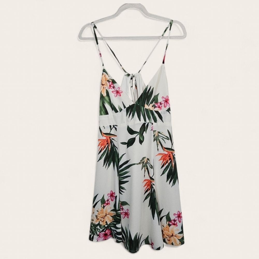 Forever 21 White Tropical Floral Spaghetti Strap Mini Dress Size Small Open Back